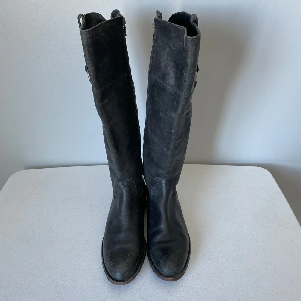 Frye Jamie Ring Tall Distressed Black Leather Riding Boots Size Women's 9